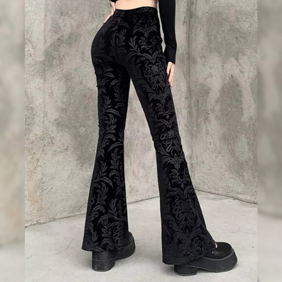 NWT Large Black Velour Damask Brocade Goth Cthulhu Flares - Picture 6 of 10